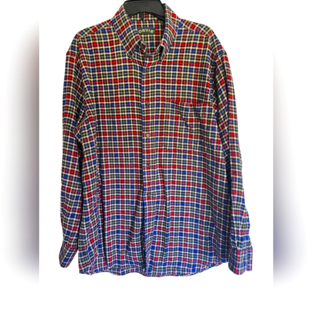 Orvis Mens Luxury Flannel 100% Cotton Red and Blue Plaid Size XL